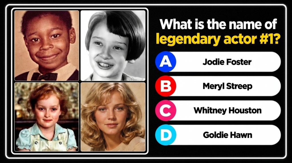 A quiz-style graphic showing four childhood portraits of celebrities in a 2x2 grid The top-left image is the focus depic
