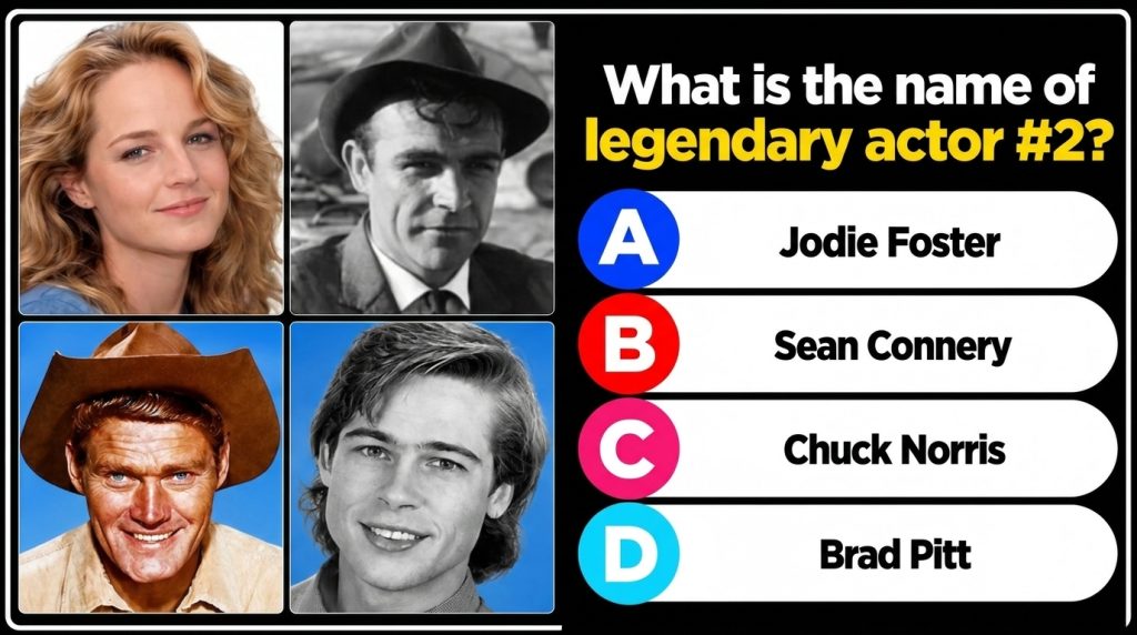 A black background trivia quiz showing four celebrity headshots in a 2x2 grid Top-left Helen Hunt Top-right black-and-wh