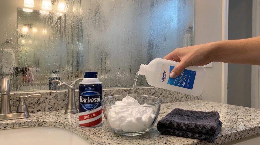 Una mano vertiendo alcohol isopropílico en un recipiente con espuma de afeitar sobre un mostrador de baño con un espejo 