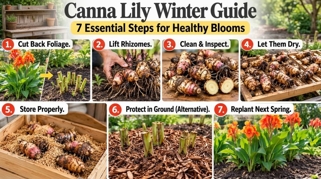 A visual guide showing seven steps to prepare canna lilies for winter including trimming foliage digging rhizomes cleani