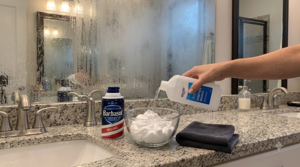 A close-up of a bathroom counter showing a can of shaving cream a glass bowl with shaving cream and a hand pouring isopr