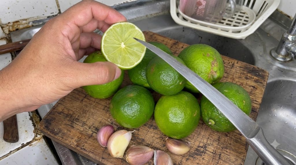 A hand holds a freshly sliced lime with a knife tip surrounded by whole limes and garlic cloves on a rustic wooden cutti