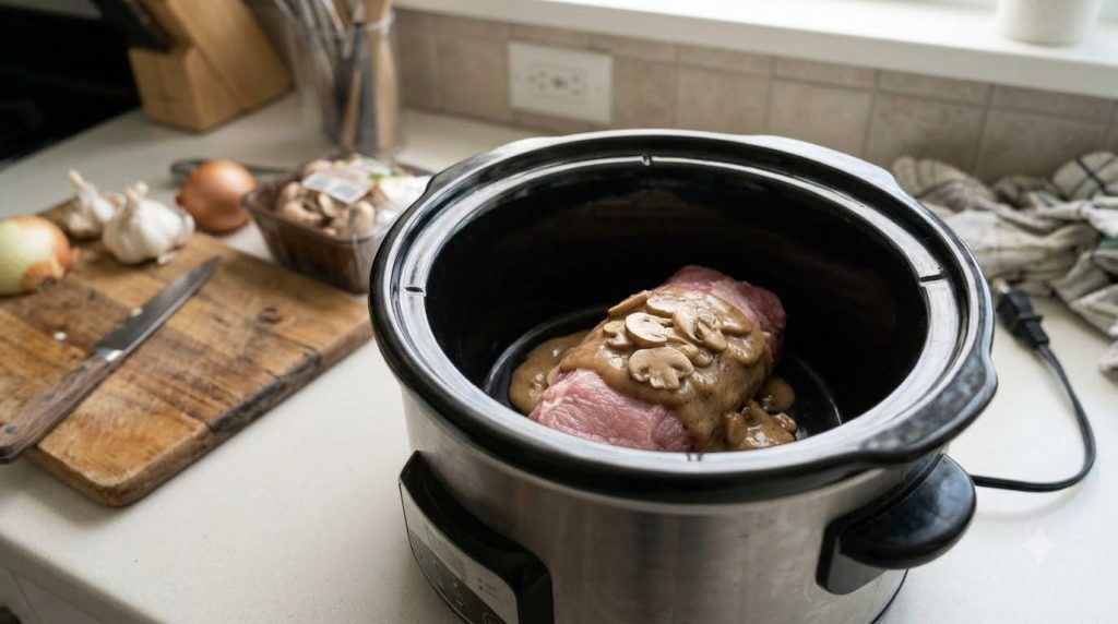 A sliced slow cooker pork tenderloin on a platter drizzled with sauce and garnished with fresh herbs ready to serve