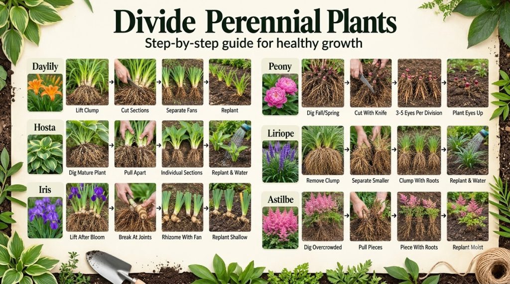 An infographic showing the step-by-step process of dividing six different perennial plants Hosta Daylily Peony Iris Asti
