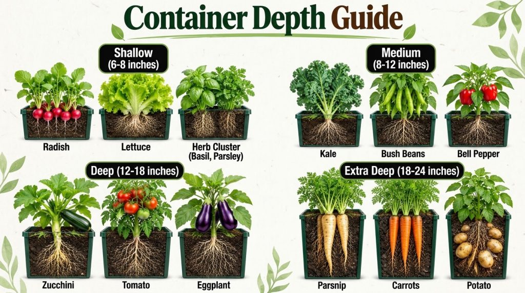 An infographic showing 13 different vegetables and their ideal container depths organized into shallow medium deep and e