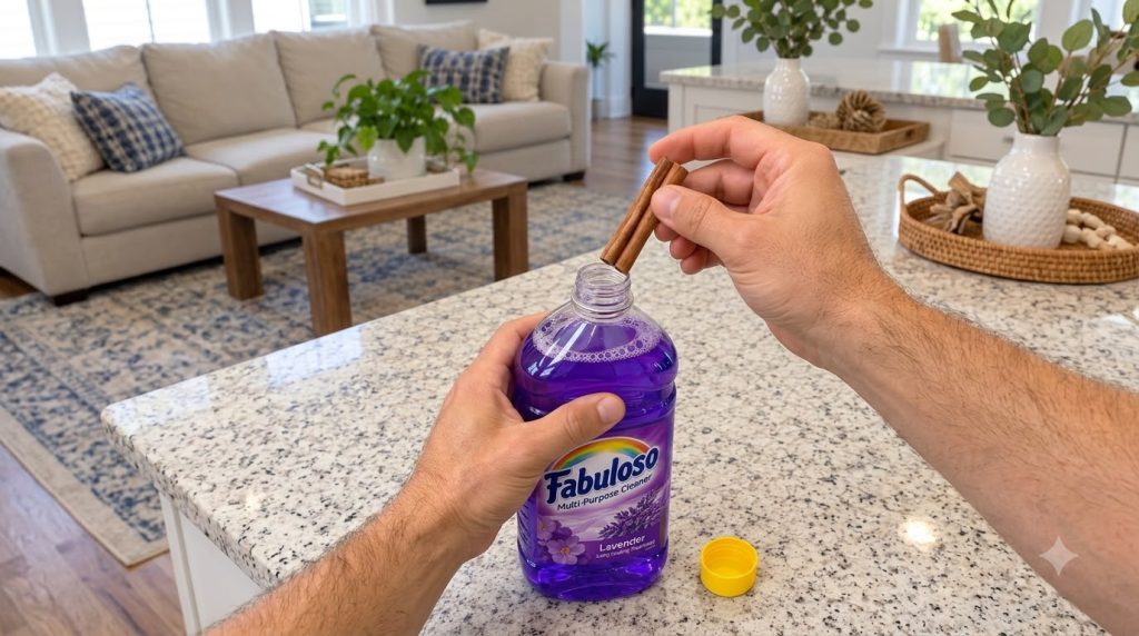 Manos añadiendo palitos de canela en una botella de limpiador multiusos Fabuloso de color púrpura