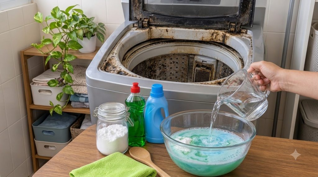 A top-down view of a very dirty top-loading washing machine emphasizing grime build-up In the foreground a wooden surfac