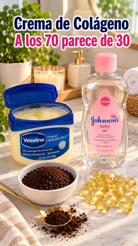 A close-up of the ingredients for the collagen cream an open jar of Vaseline a bottle of baby oil a small bowl of coffee