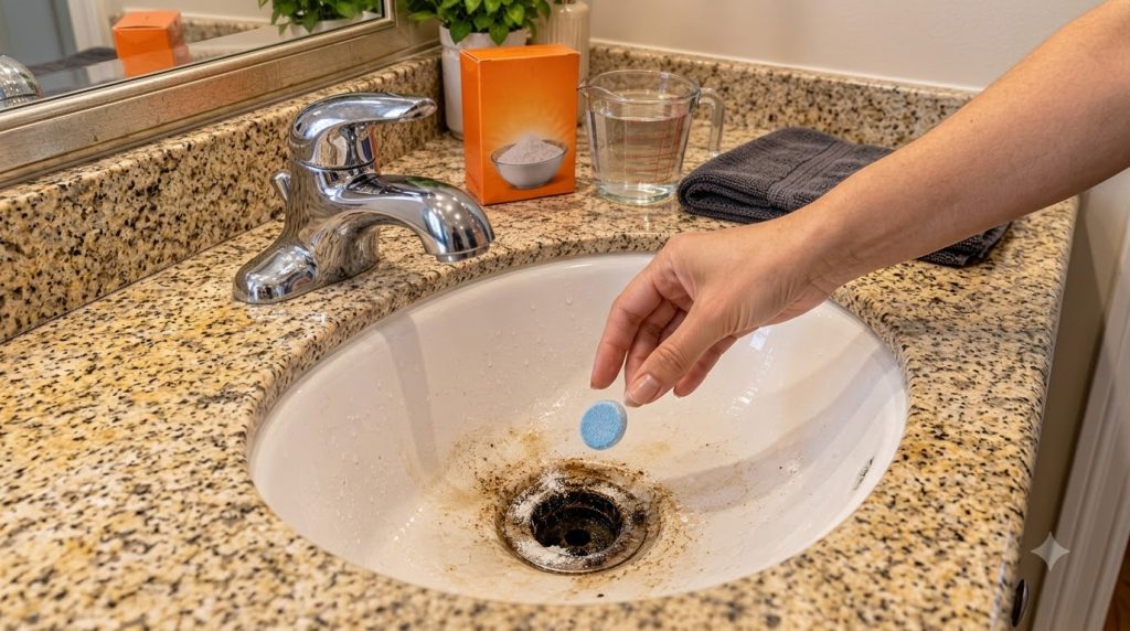 Una mano dejando caer una pastilla limpiadora azul en un desagüe de fregadero de baño sucio con bicarbonato de sodio y a