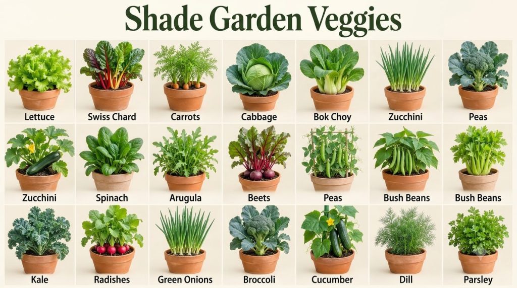 A vibrant array of 20 different vegetables each growing in a distinct pot arranged in a grid with some text labels for e