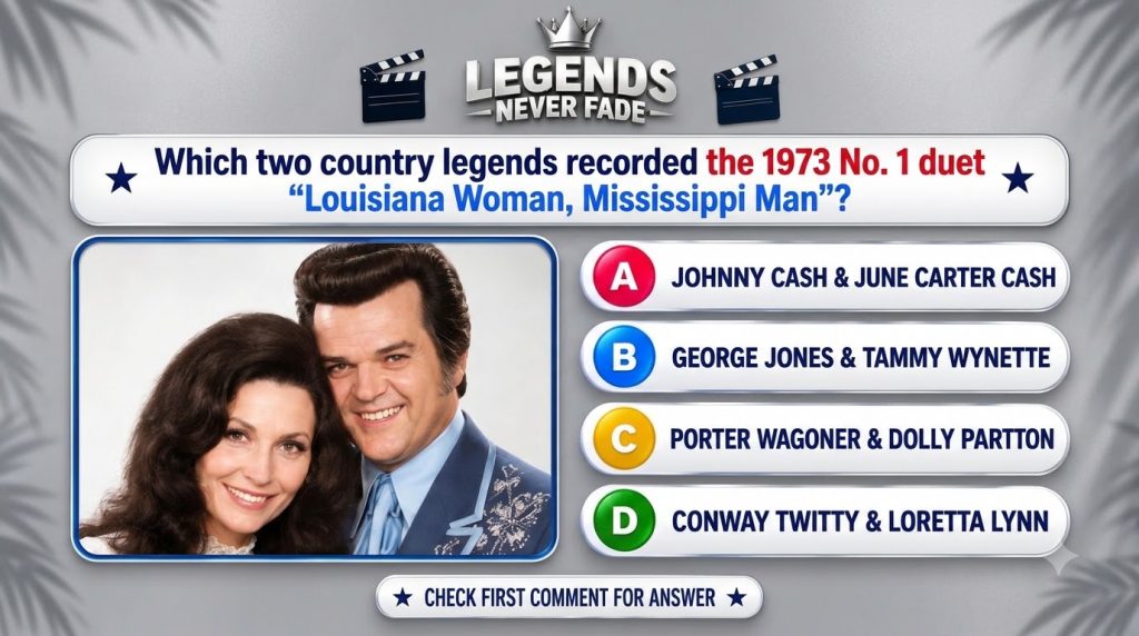A country music trivia quiz with a portrait of Loretta Lynn and Conway Twitty titled LEGENDS NEVER FADE and asking about