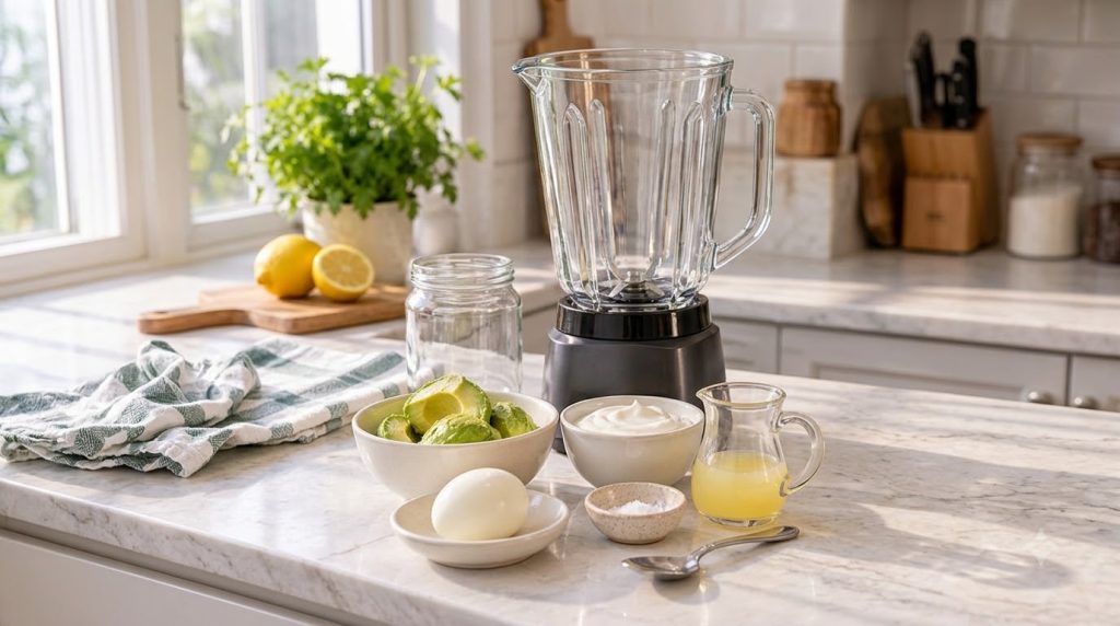 A close-up shot of a creamy avocado egg spread in a white bowl garnished with chopped chives and a lemon wedge with some