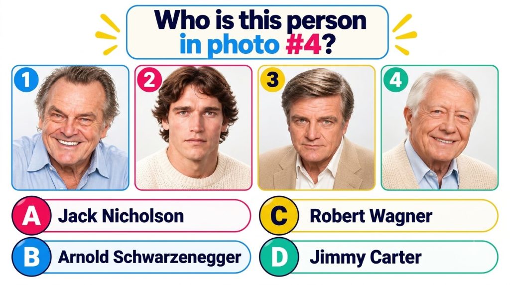 A quiz-style graphic with four headshots of classic male actors in a 2x2 grid numbered 1-4 A question asks Who is this p