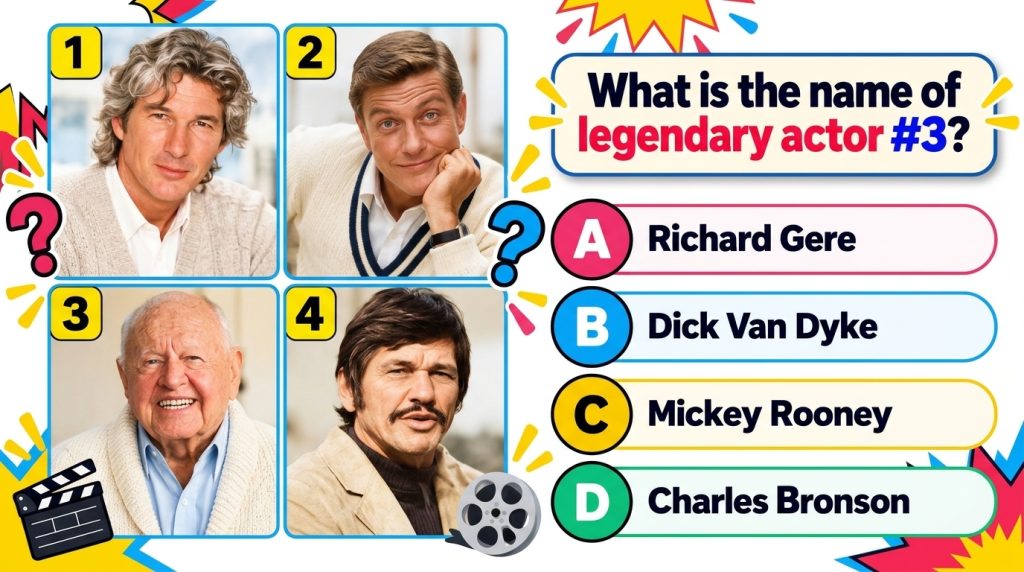 A vertical quiz graphic featuring four headshots of famous male actors arranged in a 2x2 grid asking to identify actor 3