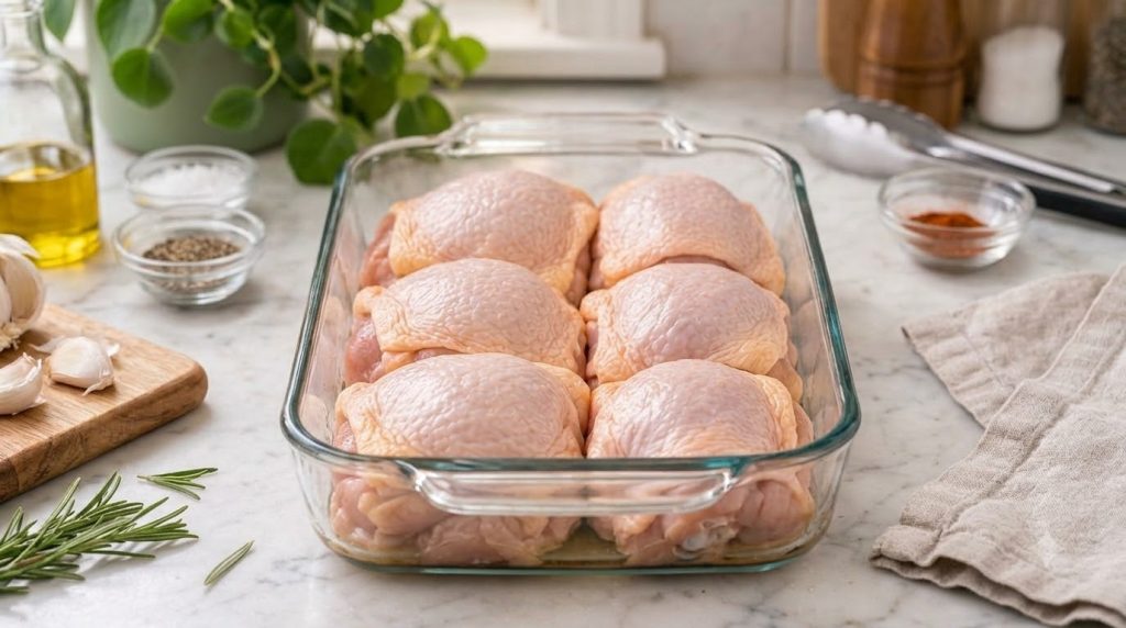 A plate of golden brown crispy-skinned baked chicken thighs garnished with fresh parsley alongside a simple green salad