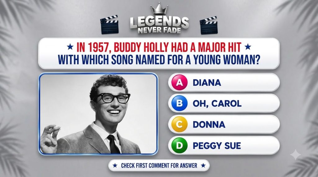 A black and white portrait of Buddy Holly in a music quiz layout The quiz title is Legends Never Fade and features a que