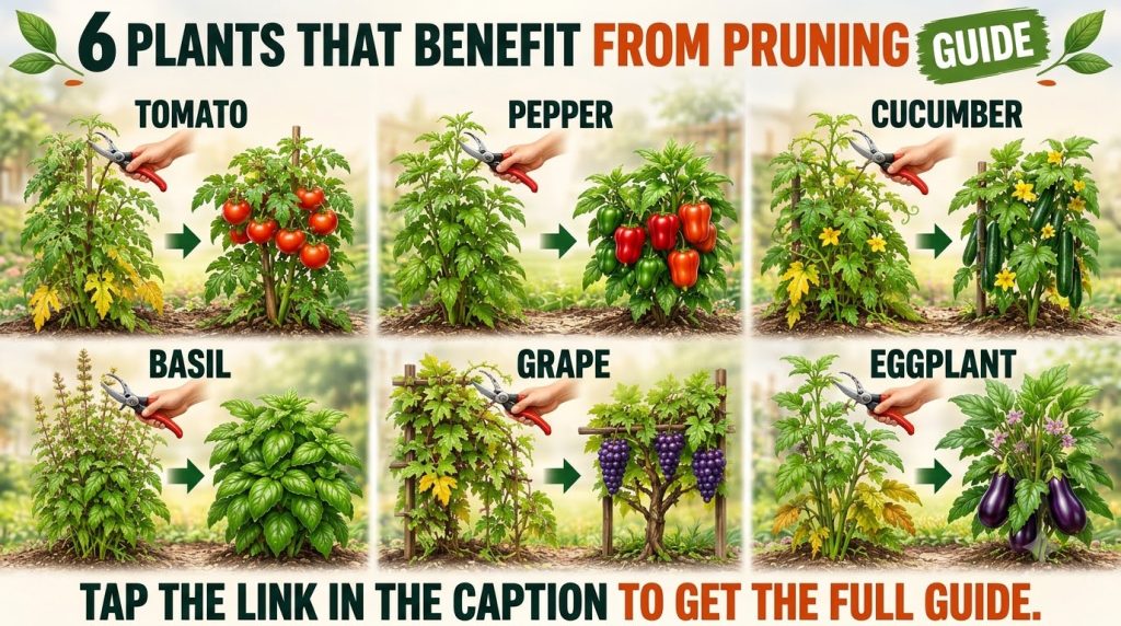 An infographic showing before-and-after comparisons of pruned garden plants including tomato pepper cucumber basil grape