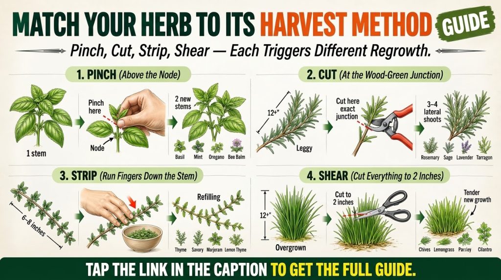 An instructional graphic titled Match Your Herb To Its Harvest Method Guide showing Pinch Cut Strip and Shear methods wi