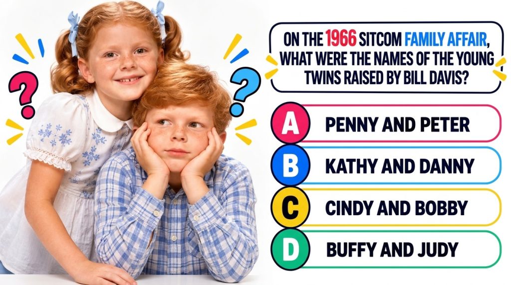 Quiz graphic showing two red-haired children a girl and a boy with colorful question marks and exclamation lines and a m