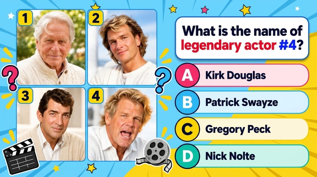 A quiz image showing four headshots of classic male actors with one highlighted as legendary actor 4 for identification 