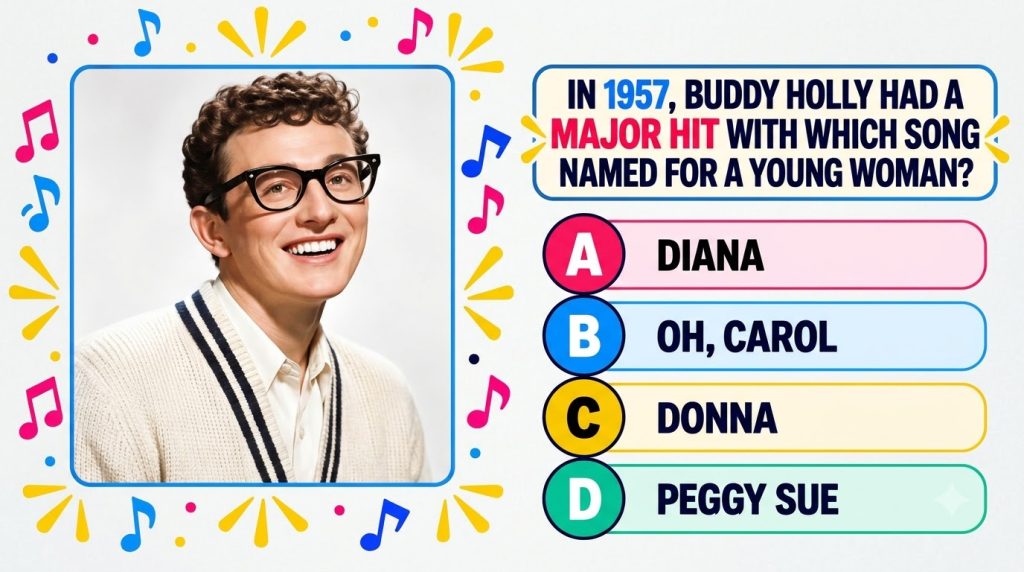 A vibrant quiz interface featuring a smiling young Buddy Holly wearing glasses and a sweater Below him a trivia question