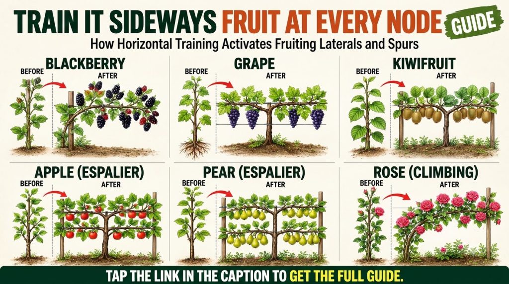 A horticultural guide illustrating horizontal plant training for various plants like blackberry grape kiwifruit apple pe