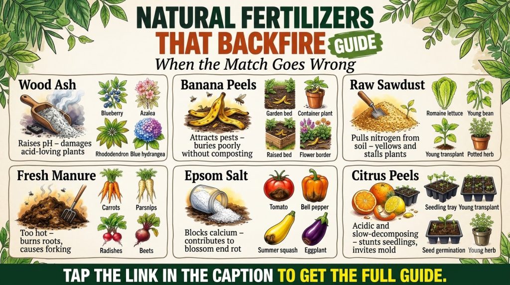An infographic titled Natural Fertilizers That Backfire Guide When the Match Goes Wrong showing examples like wood ash f