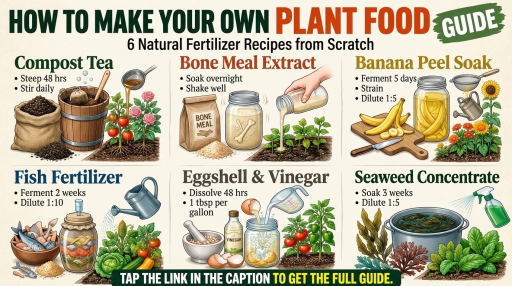 An infographic titled HOW TO MAKE YOUR OWN PLANT FOOD GUIDE showing 6 natural fertilizer recipes such as coffee grounds 