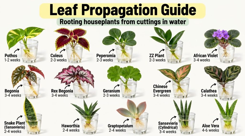 A clean 3x5 grid infographic showing 15 different houseplants each in a clear glass of water with roots visible demonstr