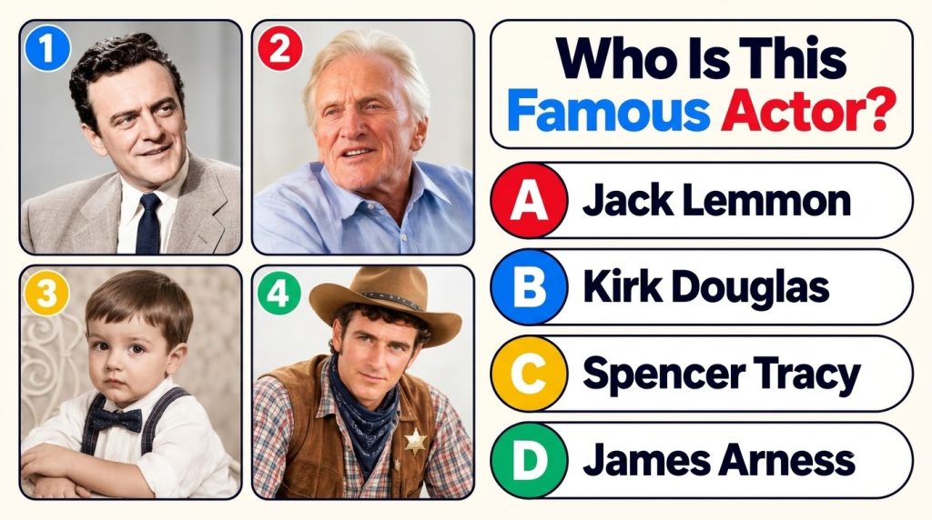 A multi-panel quiz image featuring four portraits of Paul Newman at different ages young man in a bow tie mature man in 