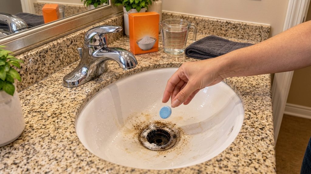 A hand dropping a blue cleaning tablet into a dirty bathroom sink drain with baking soda already around the drain