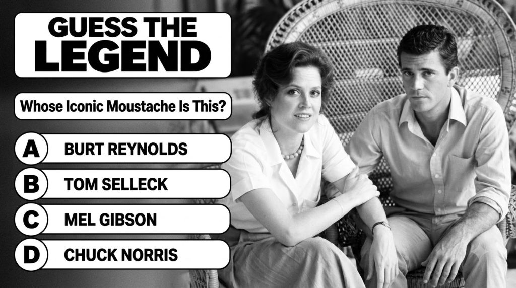 A black and white quiz poster titled GUESS THE LEGEND featuring a photograph of a young Sigourney Weaver on the left smi