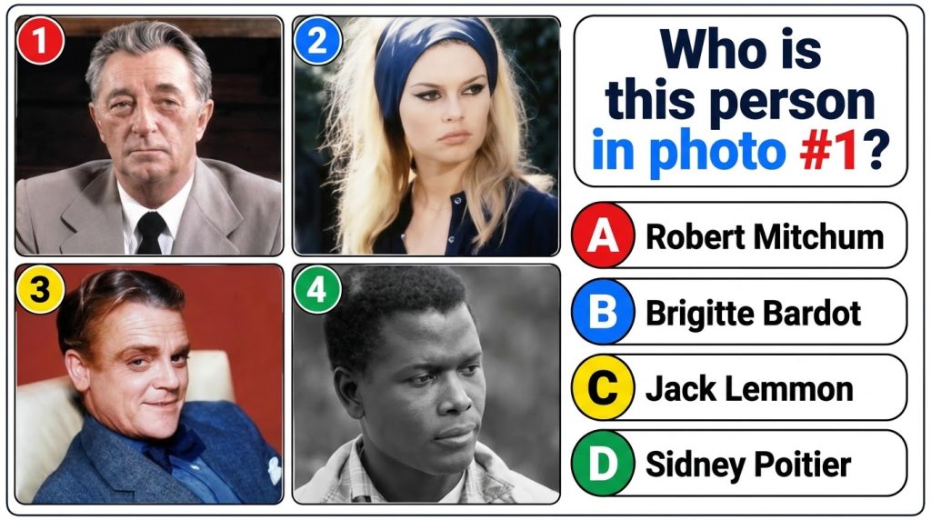A multi-panel quiz image featuring four celebrity portraits in a 2x2 grid Photo 1 shows Robert Mitchum Below multiple-ch