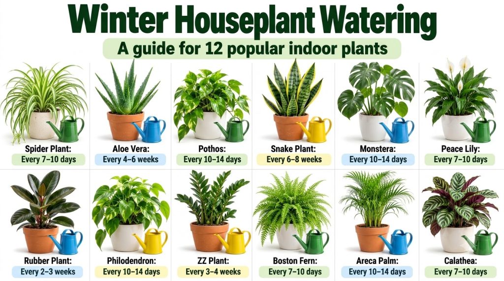 An infographic showing 12 common houseplants and their recommended winter watering frequencies laid out in a grid with s