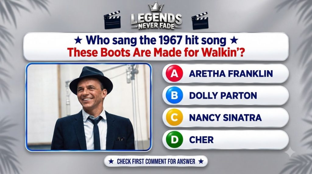 A mobile-friendly quiz asking Who sang the 1967 hit song These Boots Are Made for Walkin with Frank Sinatra s photo and 