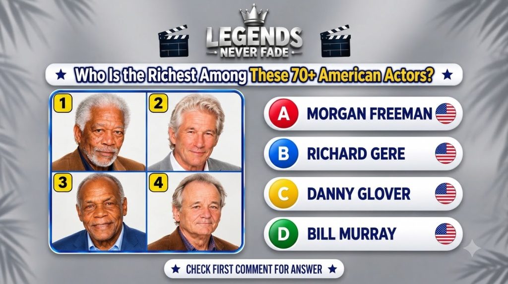 A vertical multiple-choice quiz featuring headshots of four prominent American actors Morgan Freeman Richard Gere Danny 