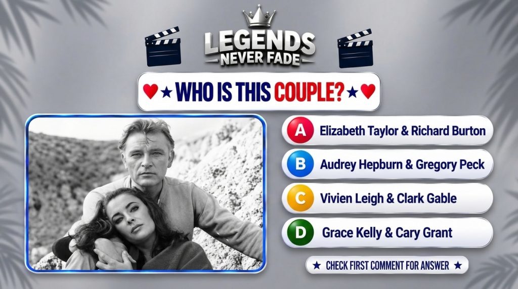 A black and white portrait of Elizabeth Taylor and Richard Burton framed with a blue border from a social media quiz