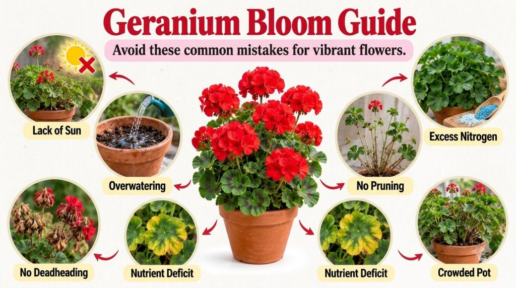 An infographic titled 7 Mistakes That Stop Geraniums From Flowering showing a healthy red geranium surrounded by circula