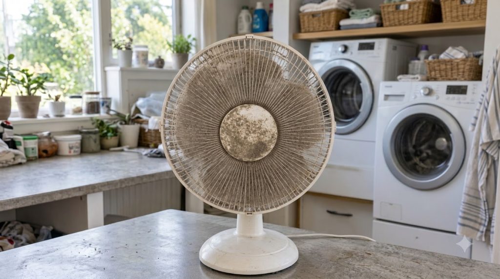 A heavily dust-covered white electric fan positioned centrally on a countertop in a utility room emphasizing the substan