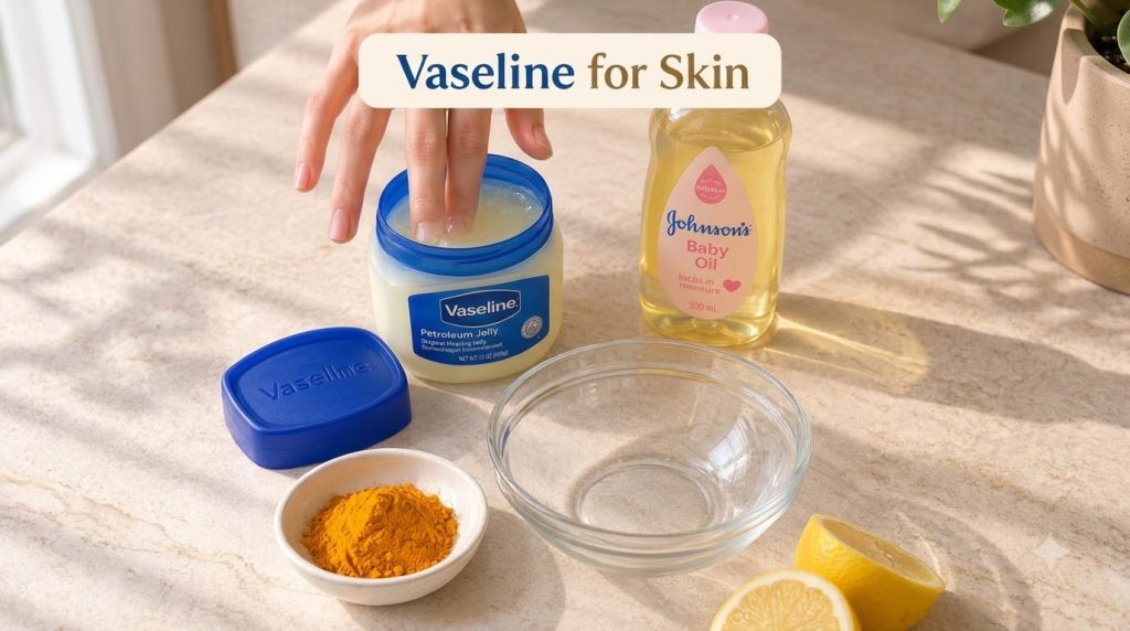 A close-up overhead shot of various skincare ingredients arranged on a light-colored textured surface with a hand over a