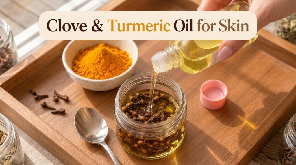 A hand pouring light yellow oil from a small bottle into a clear glass jar filled with dried cloves with a bowl of turme