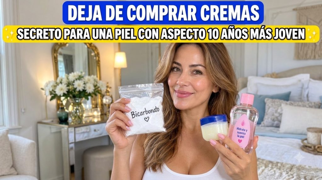 A friendly smiling woman holding baking soda Vaseline and baby oil with text overlays about stopping buying creams and a
