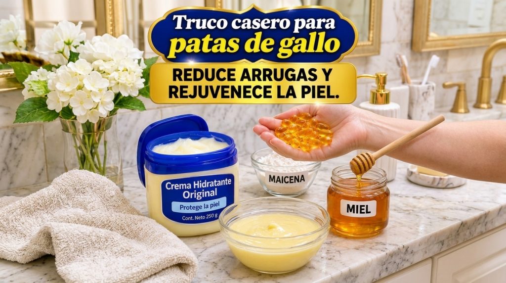 A collection of ingredients for a homemade anti-aging face mask including Vaseline honey cornstarch and vitamin E capsul