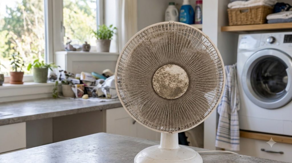 Close-up of a heavily dusty white electric fan showing the grime on the grille and blades