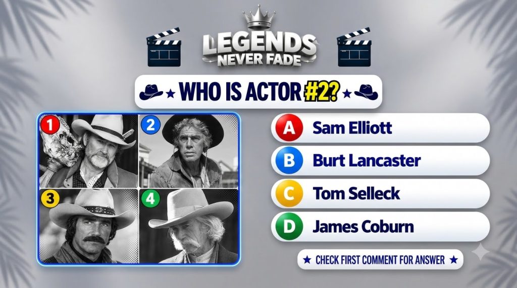 A mobile quiz interface with four black and white portraits of Western actors a quiz question and multiple-choice answer