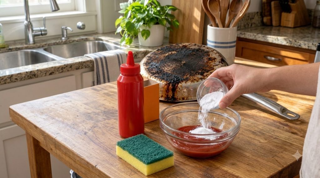 A person pouring baking soda into a glass bowl with red liquid ketchup with a burnt frying pan in the background