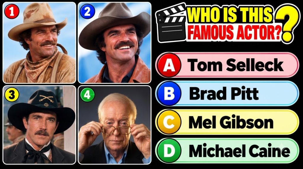 A quiz grid featuring four headshots three of Tom Selleck in western period attire and one of Michael Caine with a quest