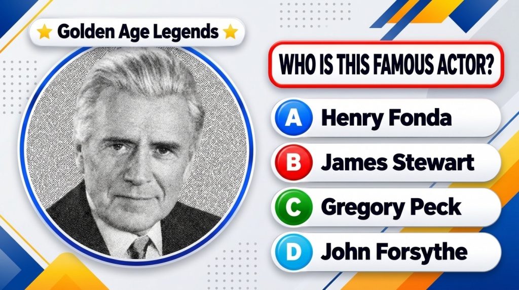 A quiz-style graphic featuring a black and white portrait of an older distinguished male actor in a circular frame with 