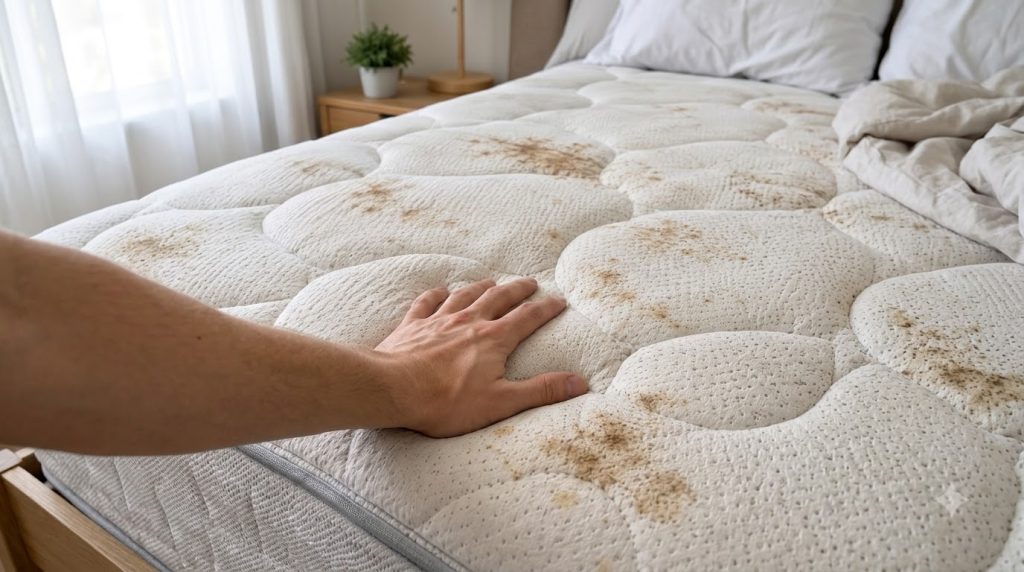 A human hand gently presses into a heavily stained white quilted mattress showing numerous large irregular brown spots T