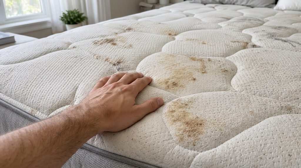 A close-up high-angle view of a dirty stained quilted mattress with a human hand resting gently on it emphasizing visibl